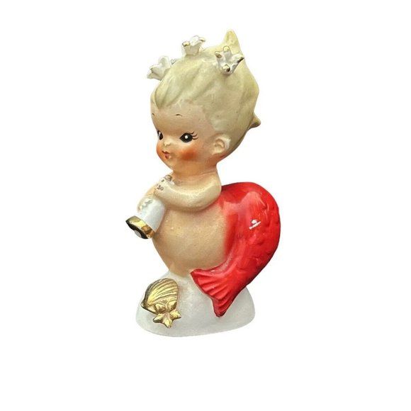 Vintage Bradley Mermaid Baby Playing Horn Red Tail Made in